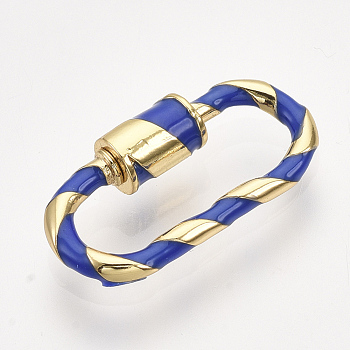 Brass Screw Carabiner Lock Charms, for Necklaces Making, with Enamel, Oval, Golden, Blue, 25x13x2.5~5mm
