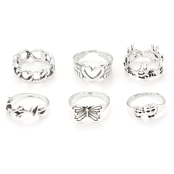 Tibetan Style Alloy Stackable Rings Set, Gothic Jewelry for Women, Antique Silver, Inner Diameter: 16~17mm, 6Pcs/set