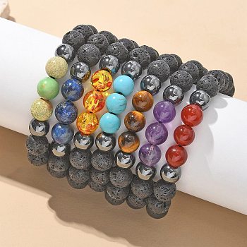 Natural Lava Rock and Non-Magnetic Synthetic Hematite Beads Braided Bead Bracelets, with Natural & Synthetic Mixed Gemstone, 2-1/8 inch~3 inch(5.3~7.8cm), 7pcs/set