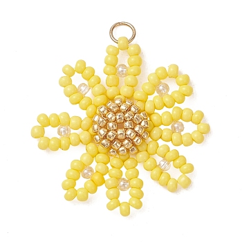 Glass Seed Beaded Pendants, Daisy Charms, 304 Stainless Steel Open Jump Rings, Yellow, 38x29x4mm, Hole: 3mm