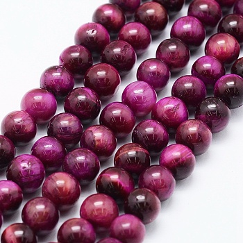 Natural Tiger Eye Beads Strands, Dyed & Heated, Round, Fuchsia, 8mm, Hole: 1mm, about 48pcs/strand, 14.6 inch(37cm)