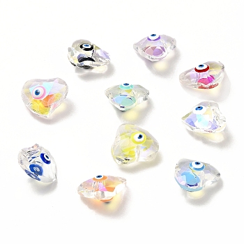 Transparent Glass Beads, with Enamel, Faceted, Heart with Evil Eye Pattern, Mixed Color, 15.5x18.5x10mm, Hole: 1.6mm