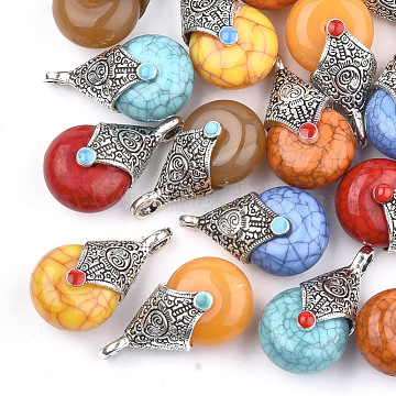 Tibetan Style Resin Pendants, with Alloy & Enamel, teardrop, Antique Silver, Mixed Color, 28x16x14mm, Hole: 2~3.5mm(X-RESI-T022-16)