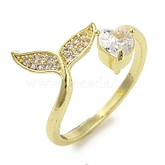 Brass Micro Pave Cubic Zirconia Rings for Women, Long-Lasting Plated, Whale Tail, Golden, Adjustable(RJEW-E295-35G)