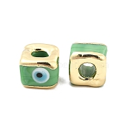 Brass Enamel Beads, Long-Lasting Plated, Real 18K Gold Plated, Square with Evil Eye Pattern, Dark Sea Green, 10~12x10~12x8~9mm, Hole: 4~4.5mm(KK-F842-01C)