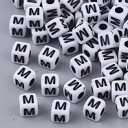 White Opaque Acrylic Beads, Horizontal Hole, Cube with Black Alphabet, Letter.M, 4~5x4~5x4~5mm, Hole: 1.8mm, about 240pcs/20g(X-MACR-R869-02M)