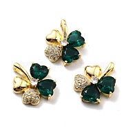 Rack Plating Brass Micro Pave Cubic Zirconia Pendants, Long-Lasting Plated, Real 18K Gold Plated, Clover, Green, 24.5x20x6.5mm, Hole: 5.5x3.7mm(KK-D070-09G-05)