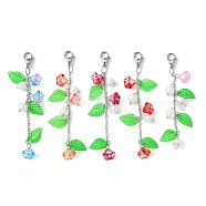 Trumpet Flower Glass & Leaf Acrylic Pendant Decorates, with Lobster Claw Clasps, Mixed Color, 67mm, 5pcs/set(HJEW-JM01653)