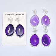 Natural Druzy Agate Dangle Stud Earrings, with Brass Findings, teardrop, Faceted, Dyed & Heated, Silver Color Plated, Purple, 50.5~52mm, Pin: 0.7mm(EJEW-L228-02A-S)