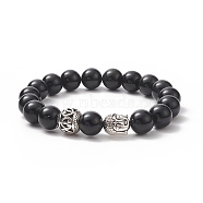 Natural Obsidian Beads Stretch Bracelets, with Alloy Findings, Round and Buddha Head, Burlap Packing, Antique Silver, 2-1/4 inch(5.6cm), Bag: 12x8.5x3cm(BJEW-JB03849-03)