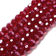 Electroplate Transparent Glass Beads Strands, Faceted(32 Facets), Round, Pearl Luster Plated, Dark Red, 8mm, Hole: 1mm, about 66~69pcs/strand, 19.29~19.57 inch(49~49.7cm)(EGLA-A035-T8mm-A07)