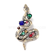 Tibetan Style Alloy Pave Colorful Rhinestone Brooch, Snake, Antique Golden, 80x37x11mm, Hole: 6x4mm(JEWB-M035-11AG)