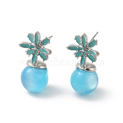 Flower Alloy Enamel & Resin Stud Earrings for Women, Sky Blue, Platinum, 24x13mm(EJEW-K282-04P)