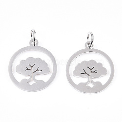 304 Stainless Steel Pendants, with Jump Ring, Flat Round with The Tree of Life, Stainless Steel Color, 17.5x15x1mm, Hole: 3.2mm(STAS-N103-03P)