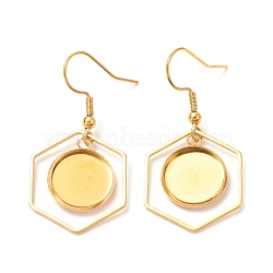 201 Stainless Steel Earring Hooks, with Flat Round Cabochon Settings, Hexagon, Golden, Tray: 12mm, 40mm, 22 Gauge, Pin: 0.6mm(STAS-C030-16G)