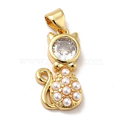 Brass Micro Pave Cubic Zirconia Pendants, with Plastic Imitation Pearl, Long-Lasting Plated, Real 18K Gold Plated, Cat, Clear, 20x10.5x3.5mm, Hole: 3.5x4mm(KK-H433-48G)