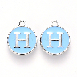 Platinum Plated Alloy Enamel Charms, Cadmium Free & Lead Free, Enamelled Sequins, Flat Round with Letter, Sky Blue, Letter.H, 14x12x2mm, Hole: 1.5mm(ENAM-S118-04H-P)