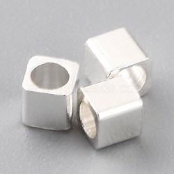 Brass Spacer Beads, Long-Lasting Plated, Cube with Round Hole, 925 Sterling Silver Plated, 2x2x2mm, Hole: 1.2mm(KK-O133-209A-S)