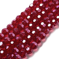 Electroplate Transparent Glass Beads Strands, Faceted, Round, Pearl Luster Plated, Dark Red, 8mm, Hole: 1mm, about 66~69pcs/strand, 19.29~19.57 inch(49~49.7cm)(EGLA-A035-T8mm-A07)