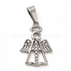 304 Stainless Steel Pendants, with Rhinestone, Angel Charm, Stainless Steel Color, 22x16x2mm, Hole: 7.5x3.5mm(STAS-M321-06P)
