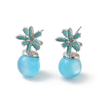 Flower Alloy Enamel & Resin Stud Earrings for Women, Sky Blue, Platinum, 24x13mm