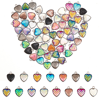 60Pcs 15 Colors Scaled Heart Resin Pendants, Heart Charm, with Stainless Steel Color 304 Stainless Steel Pendant Cabochons Settings, Mixed Color, 16.5x13x3.2mm, Hole: 2.5mm, 4pcs/color