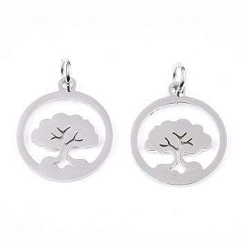 304 Stainless Steel Pendants, with Jump Ring, Flat Round with The Tree of Life, Stainless Steel Color, 17.5x15x1mm, Hole: 3.2mm