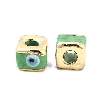 Brass Enamel Beads, Long-Lasting Plated, Real 18K Gold Plated, Square with Evil Eye Pattern, Dark Sea Green, 10~12x10~12x8~9mm, Hole: 4~4.5mm