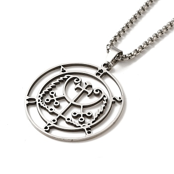 Flat Round with Demon Seal Pendant Necklaces, 204 Stainless Steel Box Chain Necklaces, Stainless Steel Color, 23.44 inch(59.55cm)
