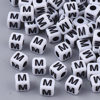 White Opaque Acrylic Beads, Horizontal Hole, Cube with Black Alphabet, Letter.M, 4~5x4~5x4~5mm, Hole: 1.8mm, about 240pcs/20g