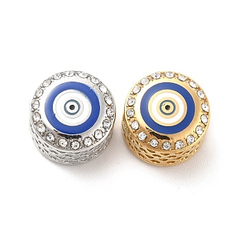 304 Stainless Steel European Beads, with Enamel & Rhinestone, Large Hole Beads, Flat Round with Evil Eye, Golden & Stainless Steel Color, 12x8mm, Hole: 4mm
