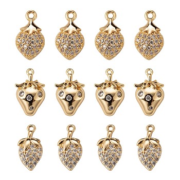 6Pcs Brass Micro Pave Clear Cubic Zirconia Charms, Long-Lasting Plated, Strawberry, Clear, 12~13x6~8x2~3.5mm, Hole: 0.8~1.2mm
