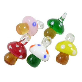 Handmade Lampwork Pendants, Mixed Color, Mushrooms, about 15mm wide, 25mm long, hole: 3mm