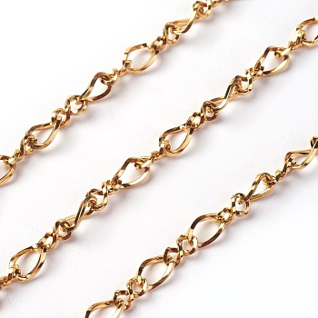 3.28 Feet Ion Plating(IP) 304 Stainless Steel Figaro Chains, Figure 8 Chain, Unwelded, Golden, 12x5x1mm