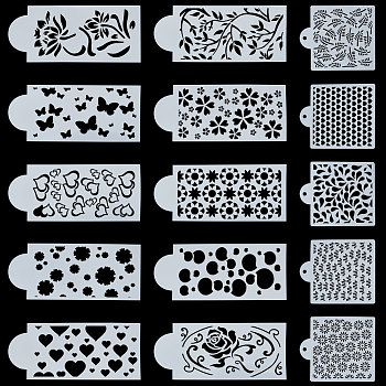 15 Styles PET Hollow Out Drawing Painting Stencils, for DIY Scrapbooking, Floral & Leaf & Heart, Mixed Patterns, White, 174~262x112~149x0.5mm