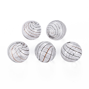 Transparent Handmade Blown Glass Globe Beads, Stripe Pattern, Round, Coconut Brown, 13~14.5mm, Hole: 1~2mm