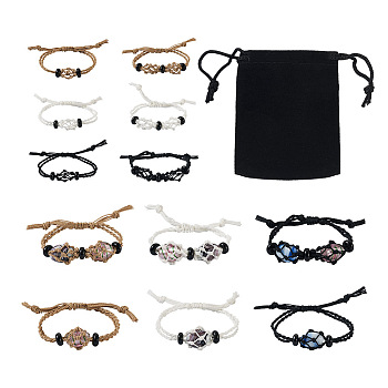 6Pcs Adjustable Braided Waxed Polyester Cord Macrame Pouch Bracelet Making, Interchangeable Stone, with Black Gemstone Beads, with 6Pcs Rectangle Velvet Pouches, Mixed Color, Inner Diameter: 2-3/8~ 3 inch(6~7.5cm)