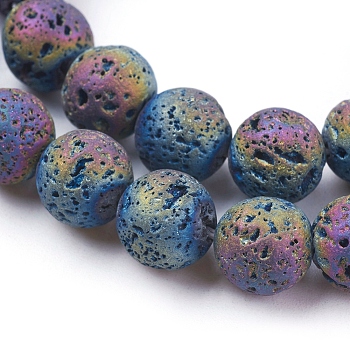 Vacuum Plating Electroplated Natural Lava Rock Beads Strands, Round, Multi-color Plated, 10~10.5mm, Hole: 1.5mm, about 40pcs/strand, 15.55 inch(39.5cm)