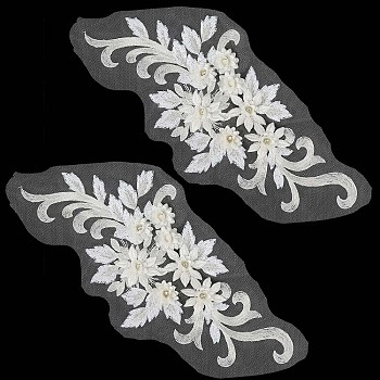 Flower Blossom Sequin Appliques, Nylon & Rhinestone Appliques, Sew on Ornament Accessories, White, 391x193x7mm