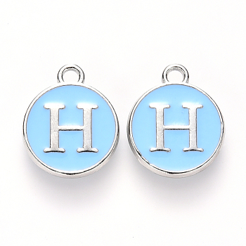 Platinum Plated Alloy Enamel Charms, Cadmium Free & Lead Free, Enamelled Sequins, Flat Round with Letter, Sky Blue, Letter.H, 14x12x2mm, Hole: 1.5mm