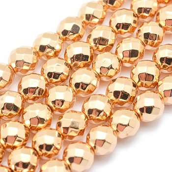 Electroplate Non-magnetic Synthetic Hematite Beads Strands, Grade AAA, Long-Lasting Plated, Faceted, Round, Light Gold Plated, 3mm, Hole: 1mm, about 140pcs/strand, 15.7 inch(40cm)