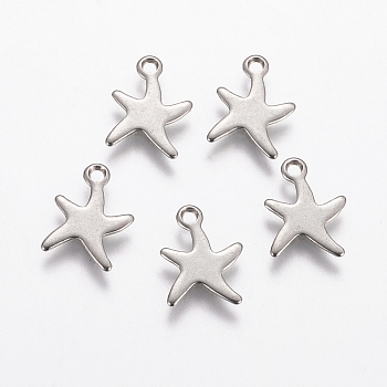 201 Stainless Steel Charms, Starfish/Sea Stars, Stainless Steel Color, 11.5x9x0.8mm, Hole: 1mm