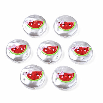 3D Printed ABS Plastic Imitation Pearl Beads, Flat Round with Watermelon, Red, 16x5mm, Hole: 0.9mm