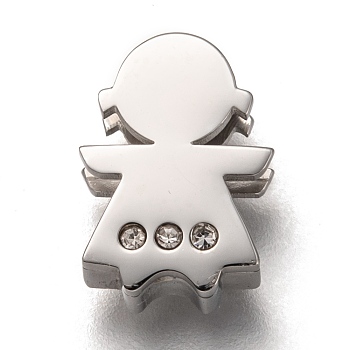 304 Stainless Steel Slide Charms, with Crystal Rhinestone, Girl, Golden, 12.5x9x3.5mm, Hole: 7.5x1.5mm