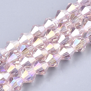 Electroplate Glass Beads Strands, AB Color Plated, Faceted, Bicone, Pearl Pink, 7.5~8x7.5~8mm, Hole: 1.5mm, about 40pcs/strand, 11.81 inch