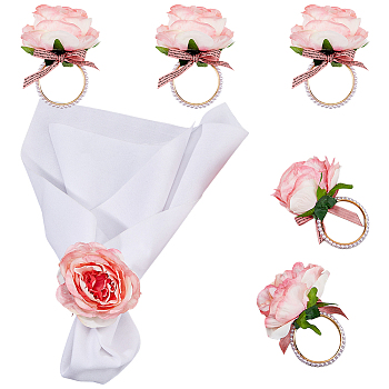 Artificial Rose Flower Cloth Napkin Rings, with Alloy & Plastic Imitation Pearl Holders Buckles, for Wedding Banquet Birthday Party Dinner Table Decorations, Golden, 5x56.5mm, Inner Diameter: 47mm