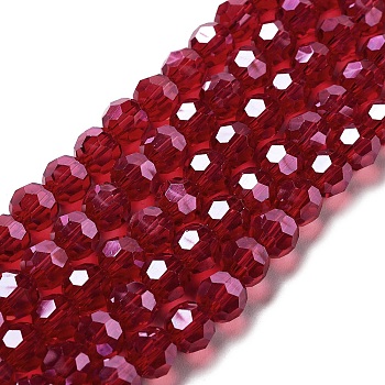 Electroplate Transparent Glass Beads Strands, Faceted, Round, Pearl Luster Plated, Dark Red, 8mm, Hole: 1mm, about 66~69pcs/strand, 19.29~19.57 inch(49~49.7cm)