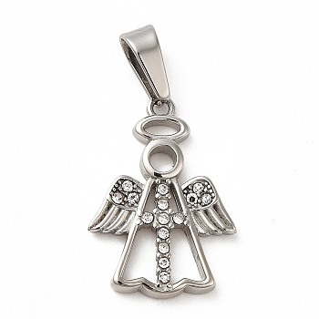 304 Stainless Steel Pendants, with Rhinestone, Angel Charm, Stainless Steel Color, 22x16x2mm, Hole: 7.5x3.5mm