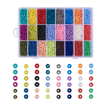 24 Colors Handmade Polymer Clay Beads, for DIY Jewelry Crafts Supplies, Disc/Flat Round, Heishi Beads, Mixed Color, 4x1mm, Hole: 1mm, 300pcs/color, 7200pcs/box
