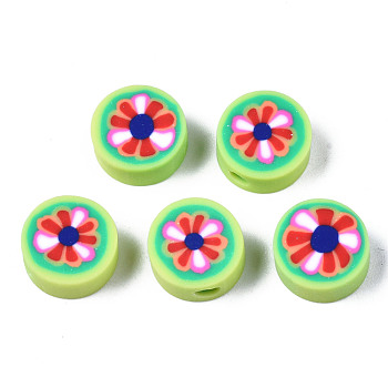 Handmade Polymer Clay Beads, for DIY Jewelry Crafts Supplies, Flat Round with Flower, Pale Green, 9.5~10x4.5mm, Hole: 1.8mm